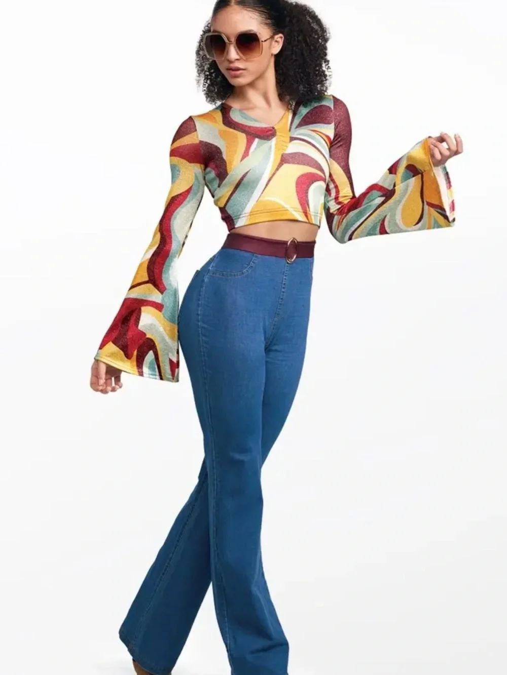 Weissman Multicolor Twist-Front Long Sleeve Top with Swirl Print